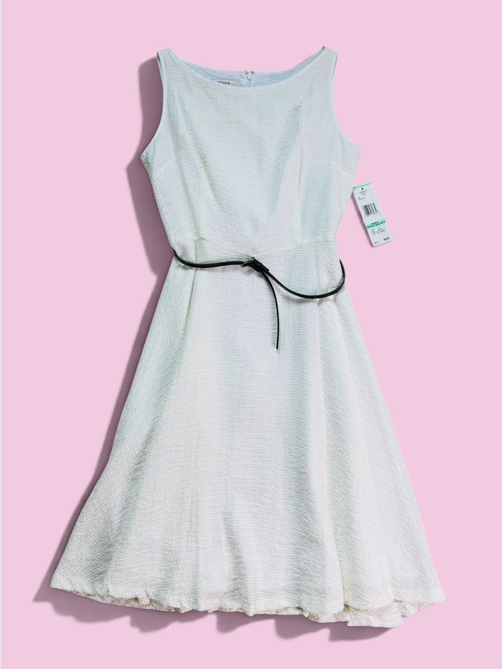 Evan Picone White Textured Sleeveless Dress with Black Belt